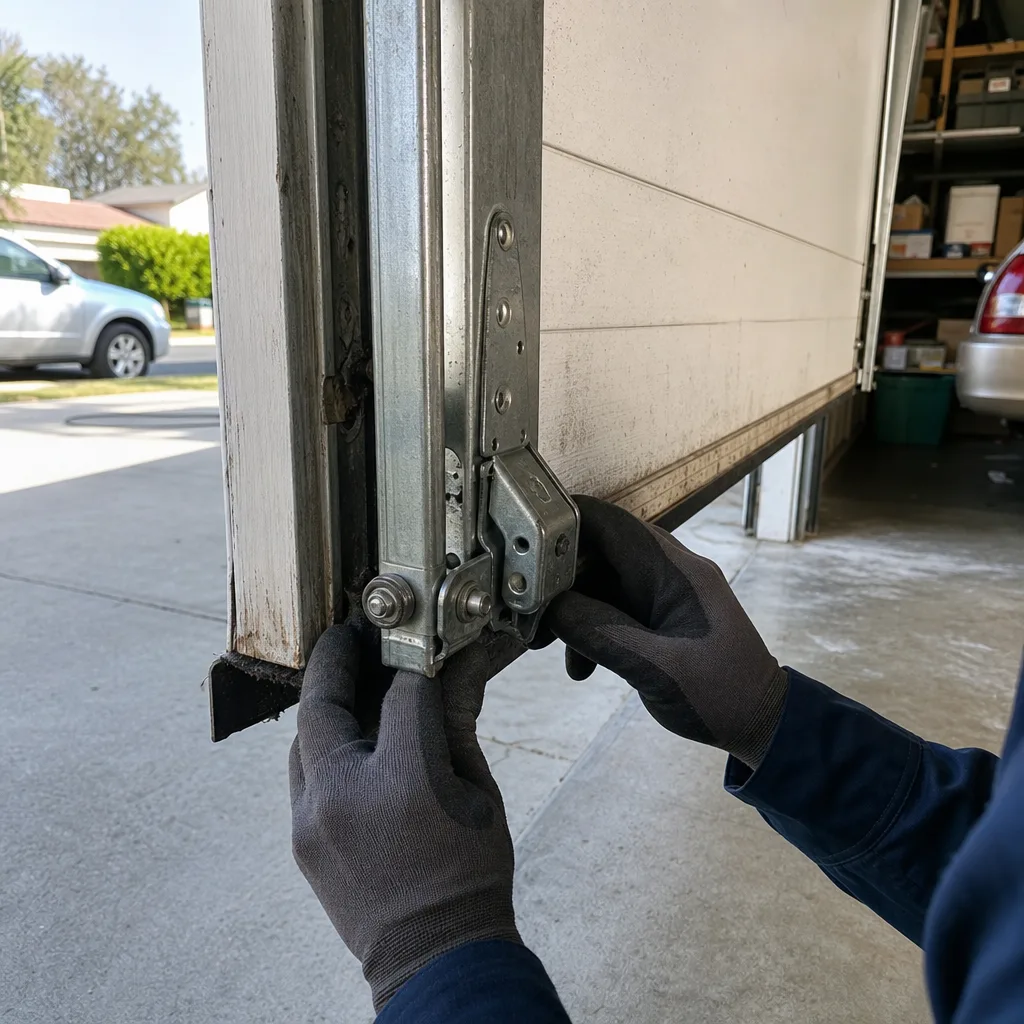 Technician performing professional garage door hinge maintenance and repair