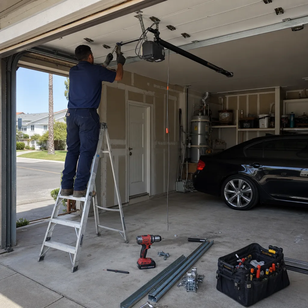 Technician performing professional garage door opener repair and maintenance.