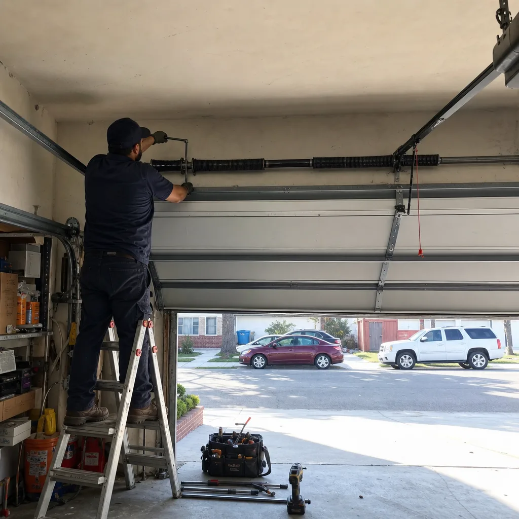 Technician performing professional garage door torsion spring repair on a ladder