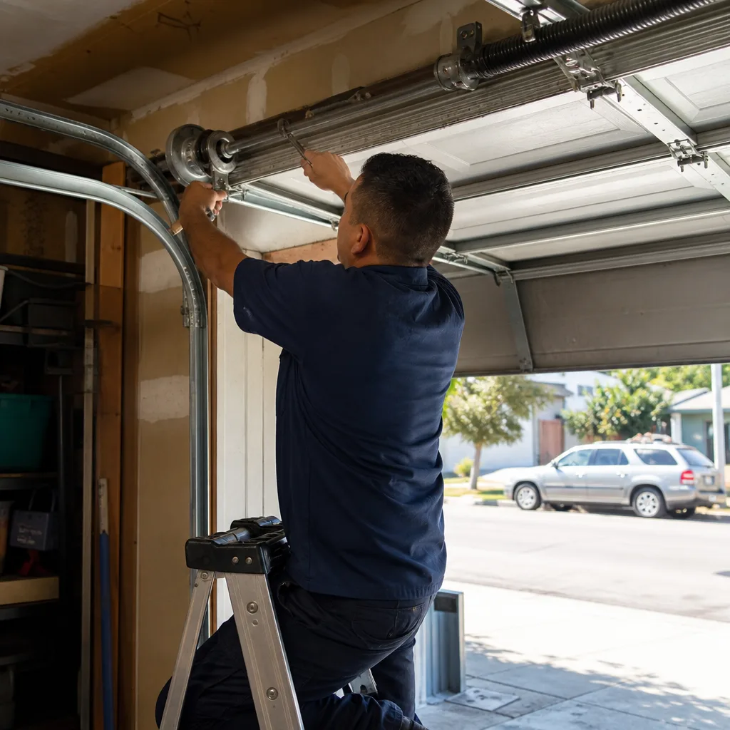 Technician performing emergency garage door repair on a residential garage system in Long Beach, CA