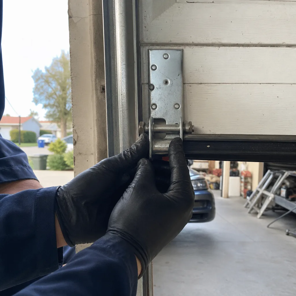 Technician performing garage door hinge maintenance and hardware repair in Long Beach, CA