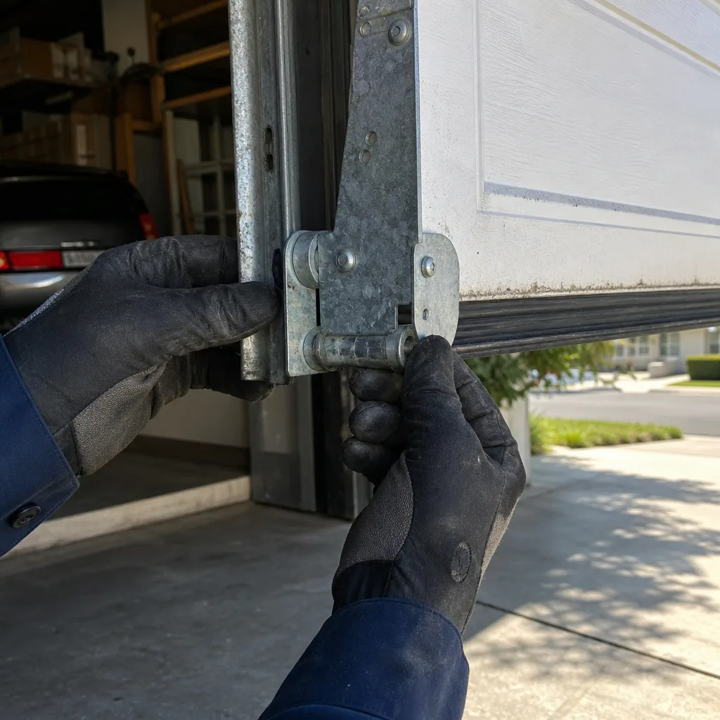 Technician inspecting garage door roller and hinge replacement parts in Long Beach, CA
