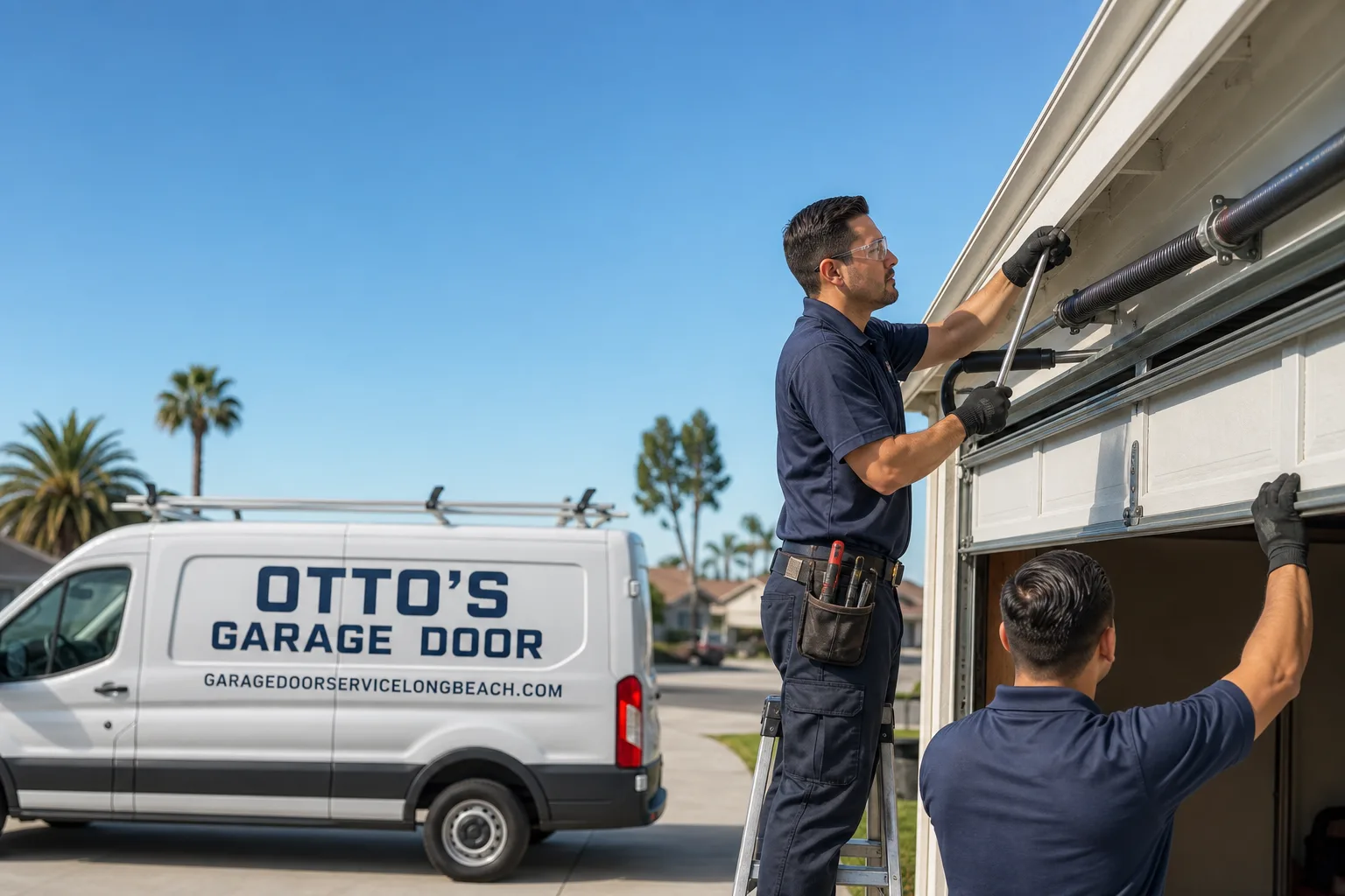 Otto's Garage Door garage door service vehicle and crew in Long Beach, CA